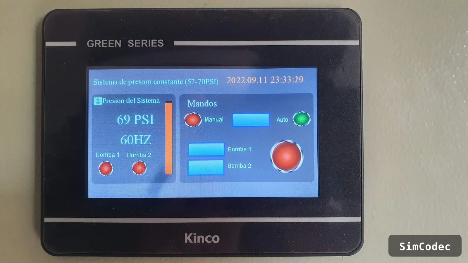 HMI mostrando la presión del sistema