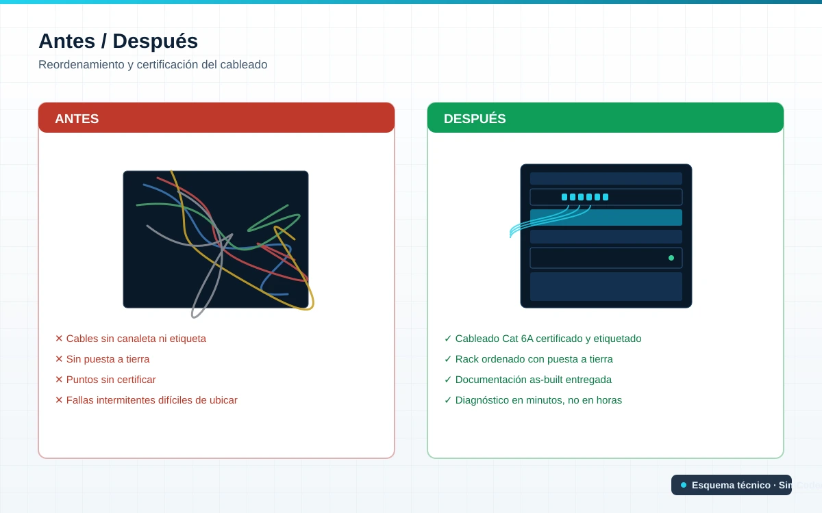 Comparativa antes y después del cableado